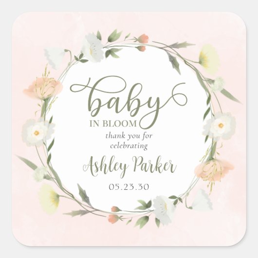 Baby in Bloom Wildblume Kinderdusche Vielen Dank Quadratischer Aufkleber (Vorderseite)