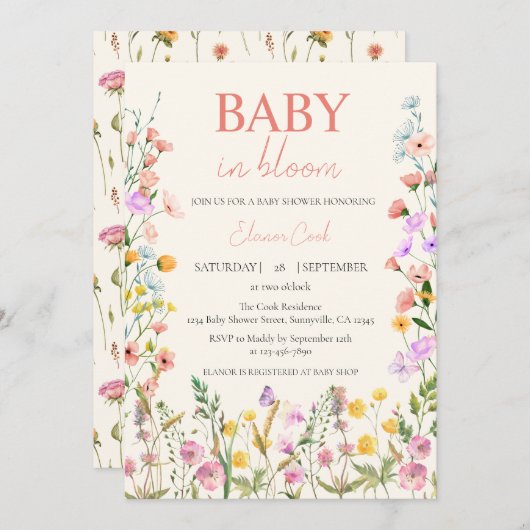 Baby in Bloom Wildblume Pink Girl QR Kinderdusche Einladung (Vorne/Hinten)