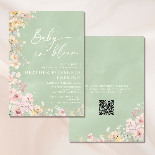 Baby in Bloom Wildblume Sage Green QR Kinderdusche Einladung