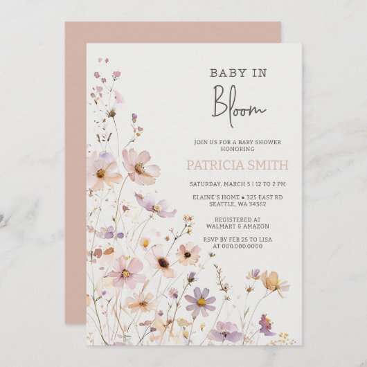 Baby in Bloom Wildblumen Baby Girl Baby Dusche Einladung (Vorne/Hinten)