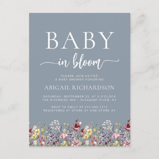 Baby in Bloom Wildblumen Dusty Blue Baby Dusche Postkarte (Vorderseite)