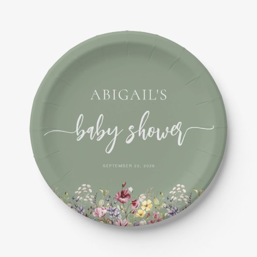 Baby in Bloom Wildblumen Sage Green Baby Dusche Pappteller (Vorderseite)