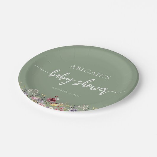Baby in Bloom Wildblumen Sage Green Baby Dusche Pappteller (Schrägansicht)
