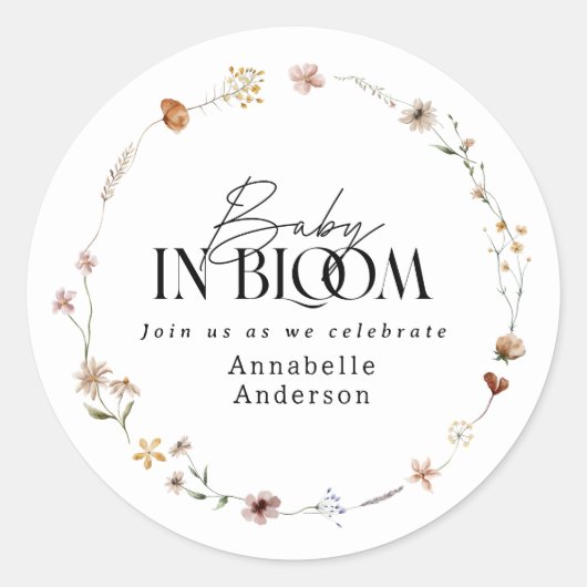 Baby in bloom wildflower baby shower invitation runder aufkleber (Vorderseite)