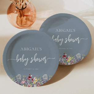 Baby in Bloom Wildflowers Dusty Blue Baby Shower Pappteller