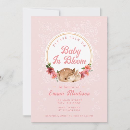 Baby in Bloom Woodland Deer Pink Dusche Einladung (Vorderseite)
