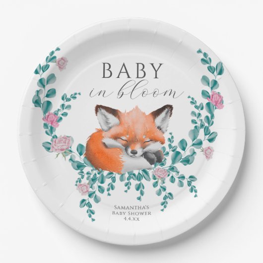 Baby in Bloom Woodland Fox Greenery Baby Shower Pappteller (Vorderseite)