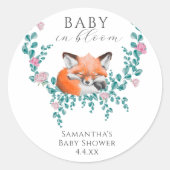 Baby in Bloom Woodland Fox Greenery Baby Shower Runder Aufkleber (Vorderseite)