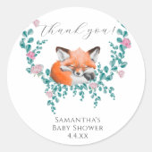 Baby in Bloom Woodland Fox Greenery Vielen Dank Runder Aufkleber (Vorderseite)