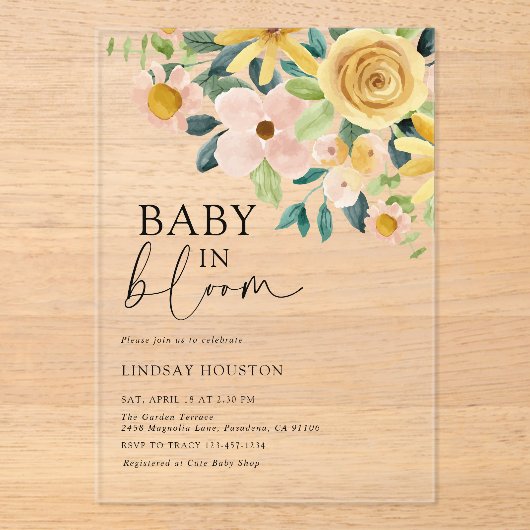 Baby in Bloom Yellow Floral Acryleinladungen (Vorderseite)
