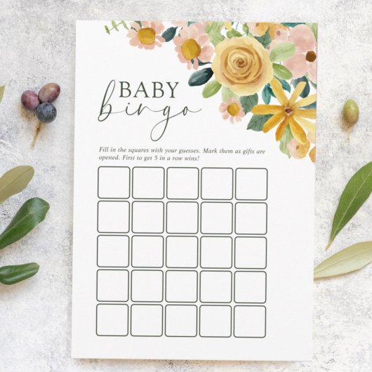 Baby in Bloom Yellow Floral Bingo Game Hinweiskarte