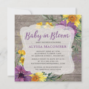 Baby in Bloom Yellow Lila Baby Dusche Einladung