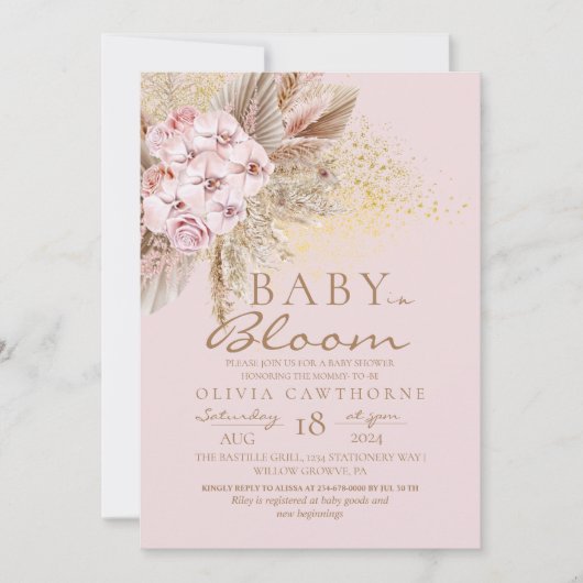 Baby in Bloush Blush Pink Boho Babydusche Einladung (Vorderseite)