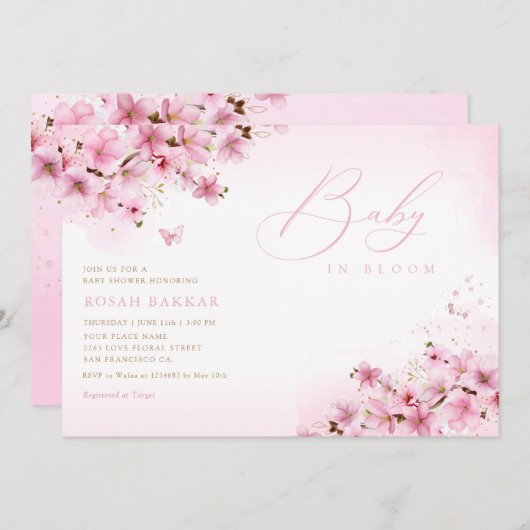 Baby in Bloush Blush Pink Floral Girl Baby Dusche Einladung (Vorne/Hinten)