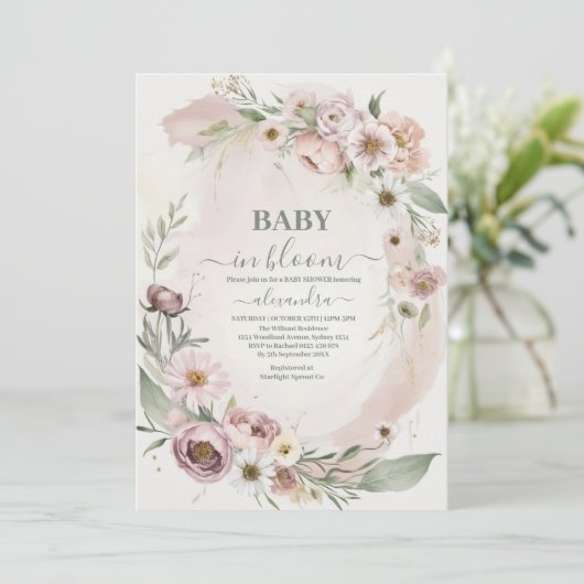 Baby in Bloush Blush Spring Bloral Baby Dusche Einladung (Stehend Vorderseite)