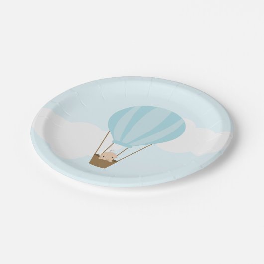Baby in Blue Hot Air Balloon Baby Dusche Pappteller (Schrägansicht)