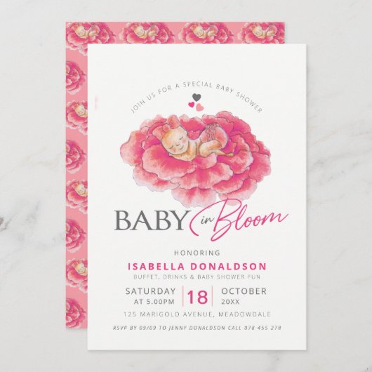 Baby in blühend rosa Blume Babydusche Einladungen (Vorne/Hinten)