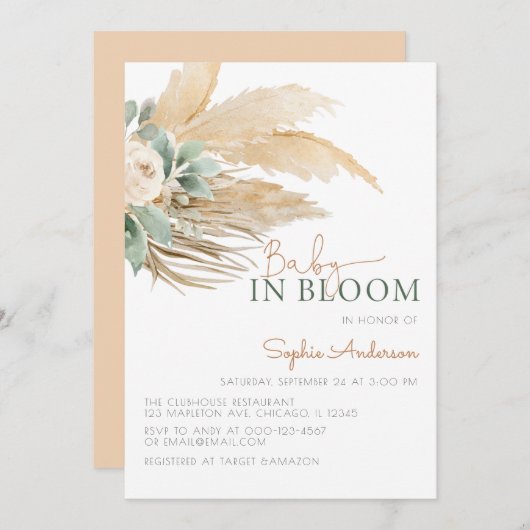 Baby in blühendem Boho Pampas Gras Babydusche invi Einladung (Vorne/Hinten)