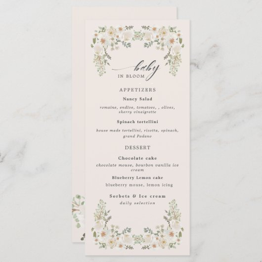 Baby in blühendem Elfenbein Blumendusche Menü Menükarte (Vorne/Hinten)