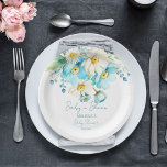 Baby in blühenden Frühling Sommer Babydusche Gesch Pappteller<br><div class="desc">Baby in Blütenfrühling Blume Babydusche personalisierte Geschirrschablone Teller,  pastellblau und weiß Schmetterbecher Daisis Blume für Frühjahr Sommergarten Babydusche personalisiert Party Teller</div>