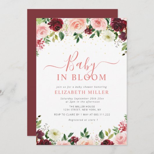 Baby in blühender Bordeaux-Blütendusche Einladung (Vorne/Hinten)