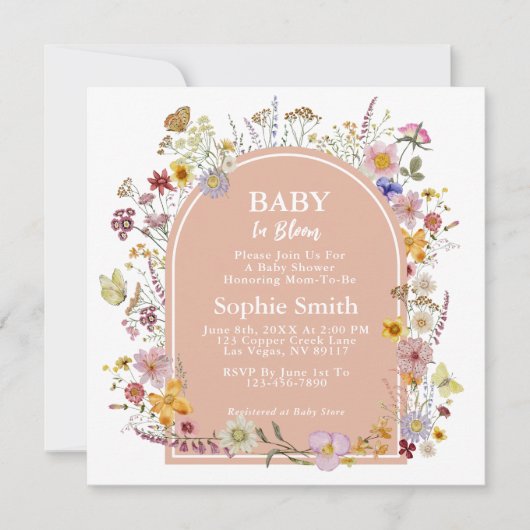 Baby in blühender Wildblume Dusty Pink Einladung (Vorderseite)