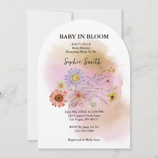 Baby in blühender Wildblume Wasserfarbenbogen Einladung (Vorderseite)