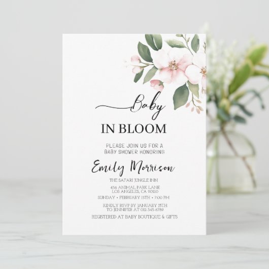 Baby in Blüte Kirry Blume Kinderdusche Einladung (Stehend Vorderseite)