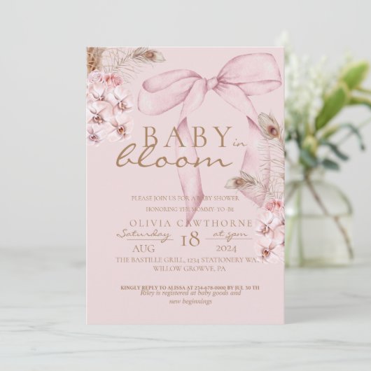 Baby in Blüte Rosa Blütenbraun Babydusche Einladung (Stehend Vorderseite)
