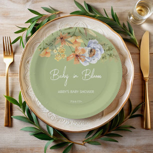 Baby in Blüte Salbeigrün Baby Shower bedruckt Pappteller