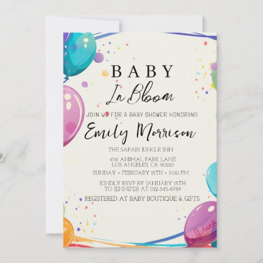 Baby in Blüte und Balloons Babydusche Einladung (Vorderseite)