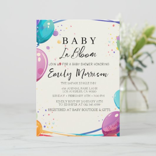 Baby in Blüte und Balloons Babydusche Einladung (Stehend Vorderseite)