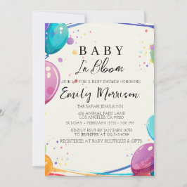 Baby in Blüte und Balloons Babydusche Einladung