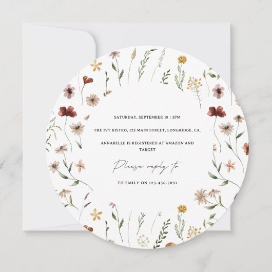 Baby in Blüte Wildblume Babydusche Einladung (Rückseite)