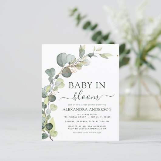 Baby in Blütendusche Eukalyptus Einladungen (Stehend Vorderseite)