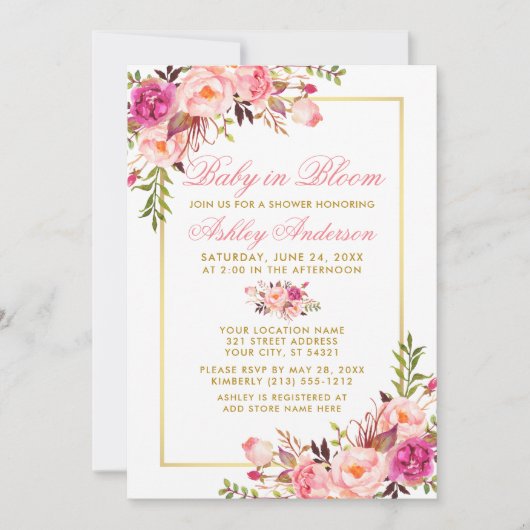 Baby in Blütendusche Gold Rosa Blütenblüte Einladung (Vorderseite)