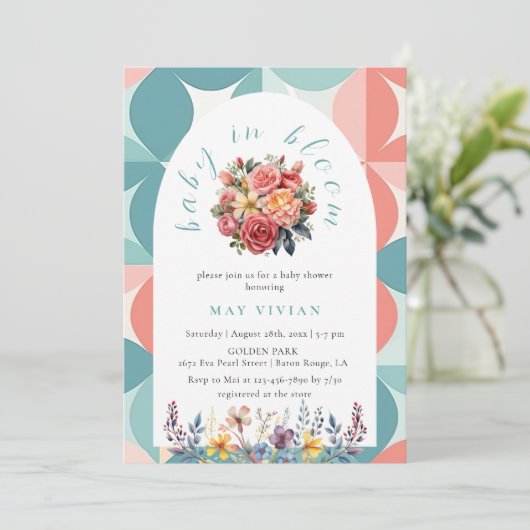 Baby in Blütenfarbe Blumenkachel Blauer Dusche Einladung (Stehend Vorderseite)