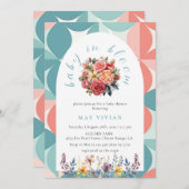 Baby in Blütenfarbe Blumenkachel Blauer Dusche Einladung (Vorne/Hinten)