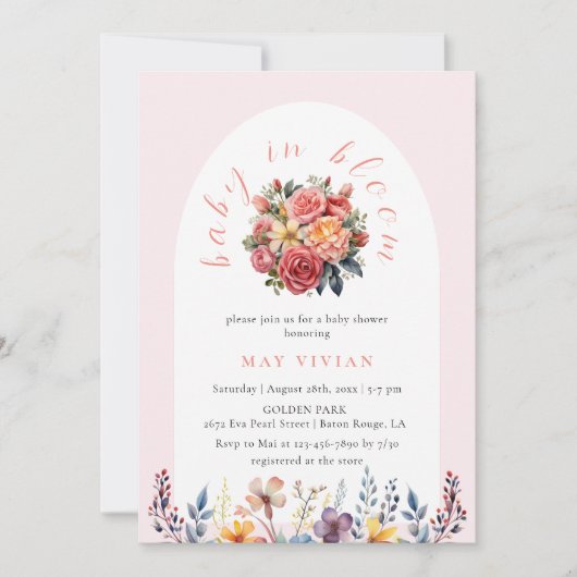 Baby in Blütenfarbe Blumenkachel Rosa Dusche Einladung (Vorderseite)