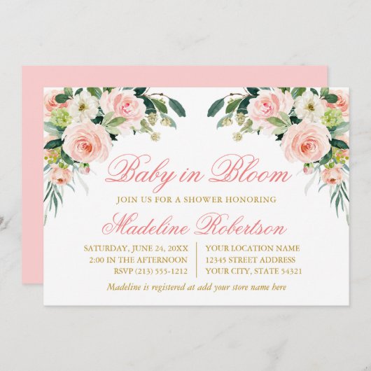 Baby in Blütenfarbe Rosa Blütendusche Einladung (Vorne/Hinten)