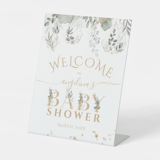 Baby in Blütengrün & Gold Baby Dusche Sockelschild (Vorderseite)