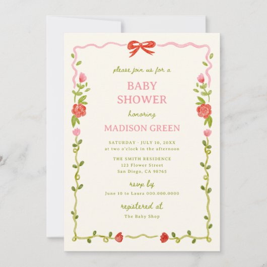 Baby in Blütenhand gezogenes Blumenknecht Baby-Dus Einladung (Vorderseite)