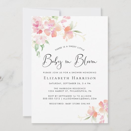 Baby in Blütenrosa Blütendusche Einladung (Vorderseite)