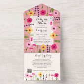 Baby in blutfarbigen Blütendusche QR Code Baby Dus All In One Einladung (Innen Boden)