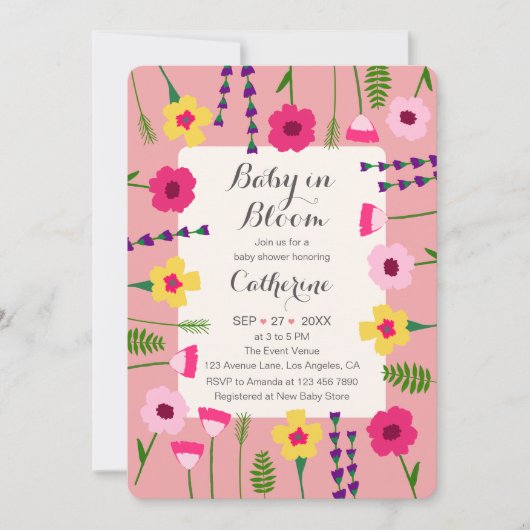 Baby in blutfarbigen Blütendusche QR Code Baby Dus Einladung (Vorderseite)