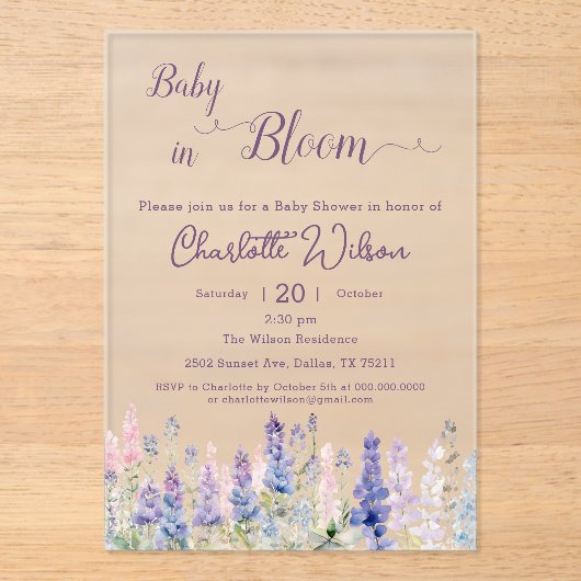 Baby in blutfarbigen Lupine Blume Kinderdusche Acryleinladungen (Vorderseite)