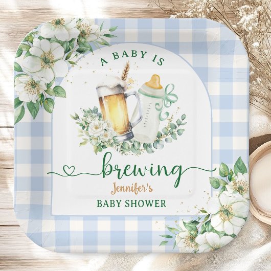 Baby Is Brewing Beer Baby Shower Boy Blue Pappteller