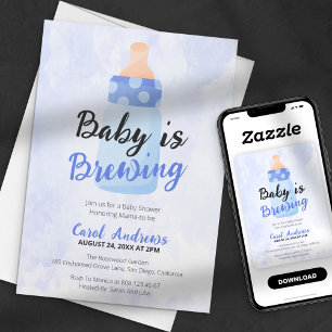 Baby is Brewing Blue Bottle Watercolor Babyparty Einladung