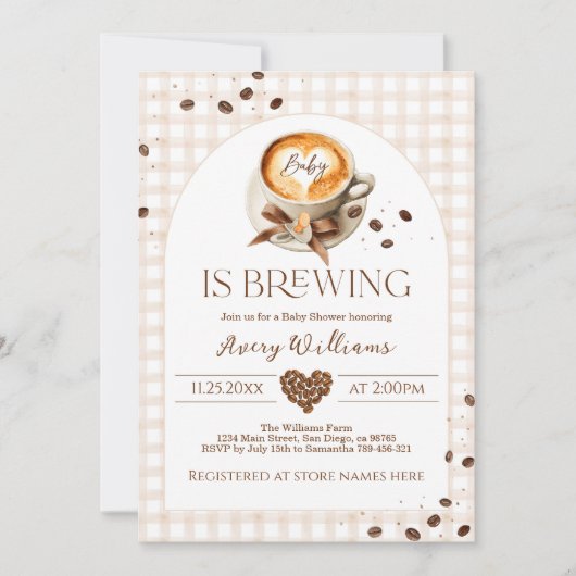 Baby is Brewing Coffee Bean Theme Baby Shower Einladung (Vorderseite)