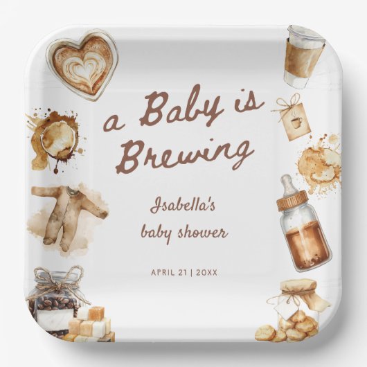Baby Is Brewing Coffee Brown Baby Shower Pappteller (Vorderseite)